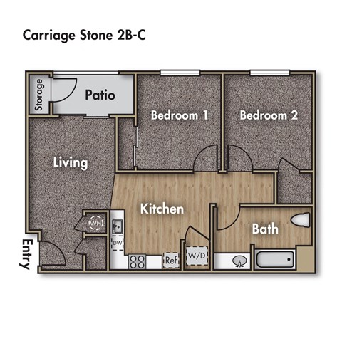 Floor plan for 2 beds, 1 bath, 894 sqft